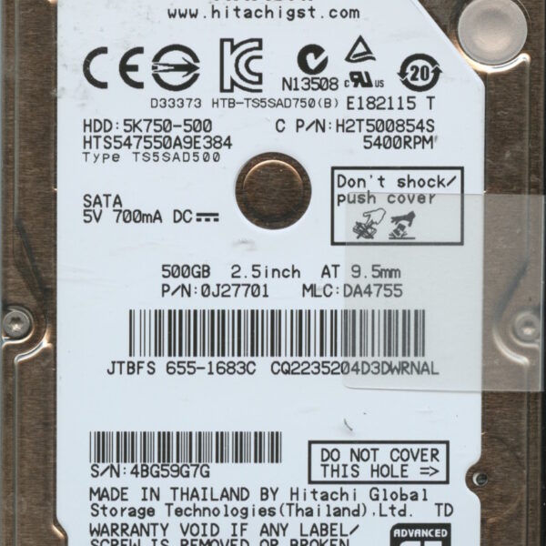 HTS547550A9E384 0J27701 DA4755 TOSHIBA 500GB