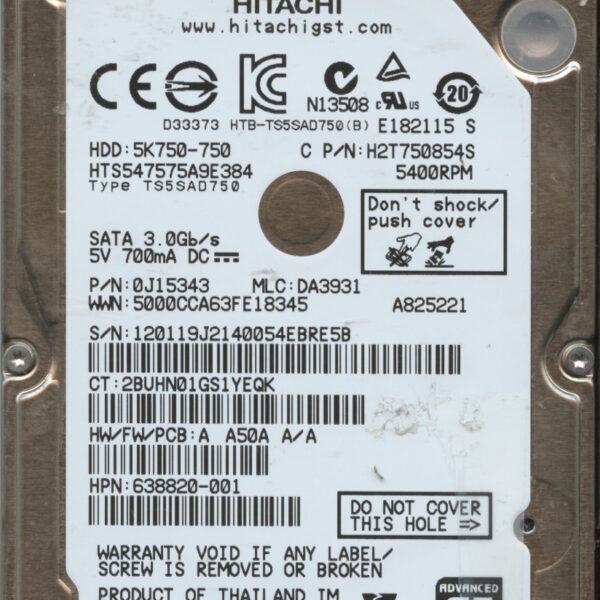 HTS547575A9E384 0J15343 DA3931 TOSHIBA 750GB