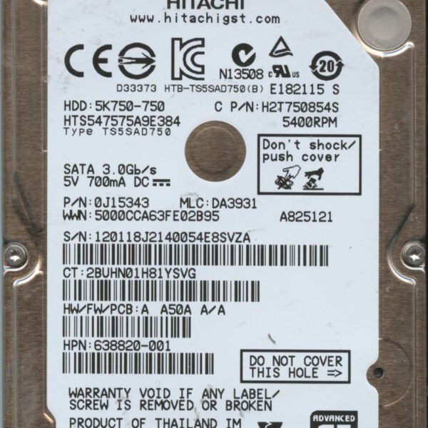 HTS547575A9E384 0J15343 DA3931 TOSHIBA 750GB