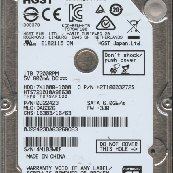 HGST HTS721010A9E630 0J22423 DA6326 CHINA 160GB