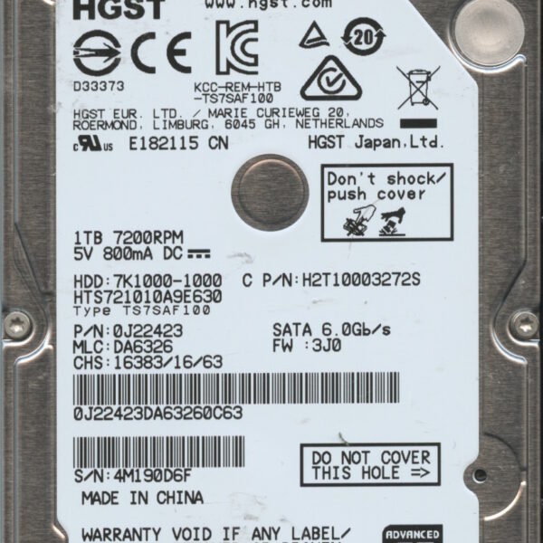 HGST HTS721010A9E630 0J22423 DA6326 CHINA 1TB