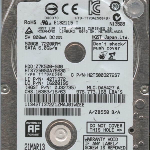 HGST HTS725050A7E630 0J32735 DA5427 THAILAND 500GB