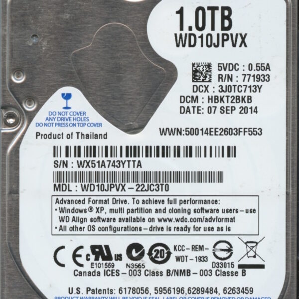 WD10JPVX-22JC3T0 WX51A 09:07:14 1TB