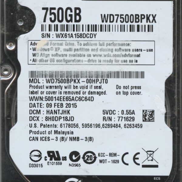 WD7500BPKX-00HPJT0 WX61A 02:09:15 750GB