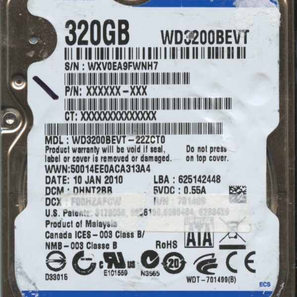 WD3200BEVT-22ZCT0 WXV0E 01:10:10 320GB