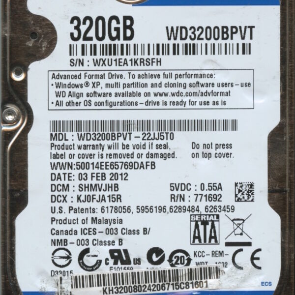 WD3200BPVT-22JJ5T0 WXU1E 02:03:12 320GB