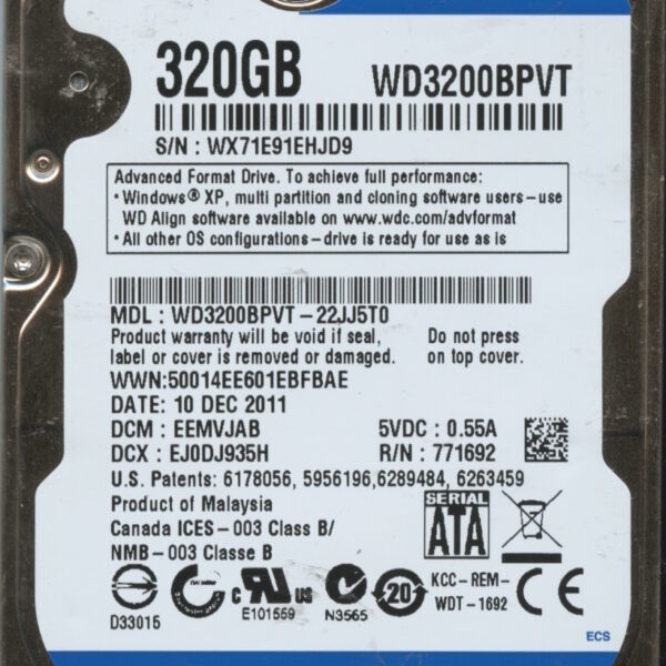 WD3200BPVT-22JJ5T0 WX71E 12:10:11 320GB