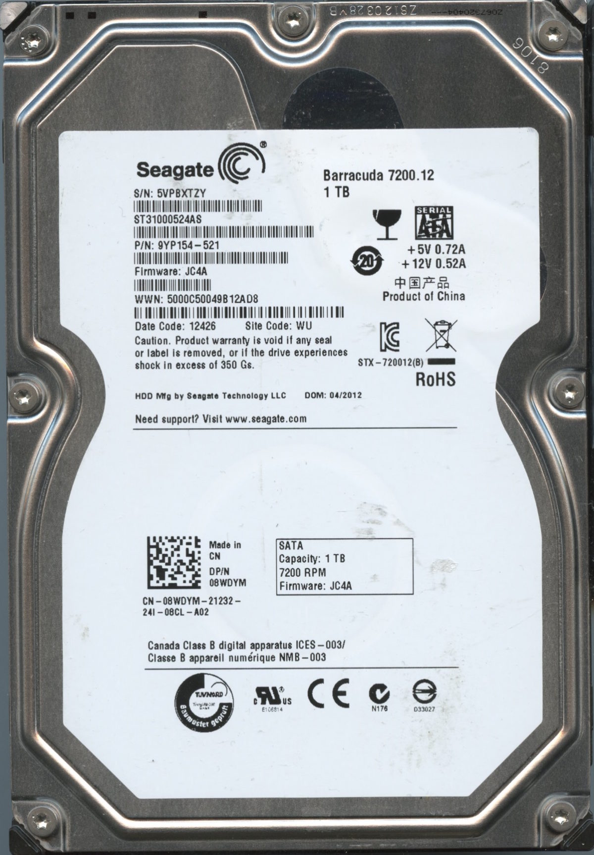 SEAGATE ST31000524AS JC4A 9YP154-521 1TB