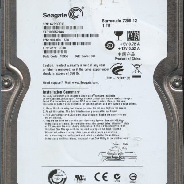 SEAGATE ST31000528AS CC38 9SL154-568 1TB