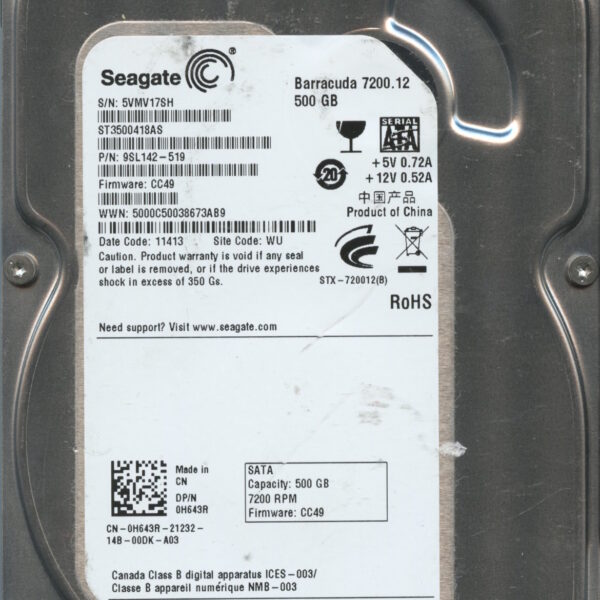 SEAGATE ST3500418AS CC49 9SL142-519 500GB