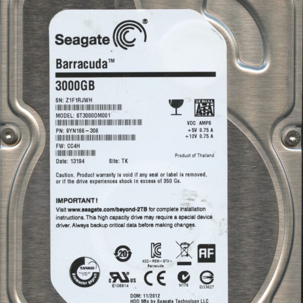 SEAGATE ST3000DM001 CC4H 9YN166-306 3TB