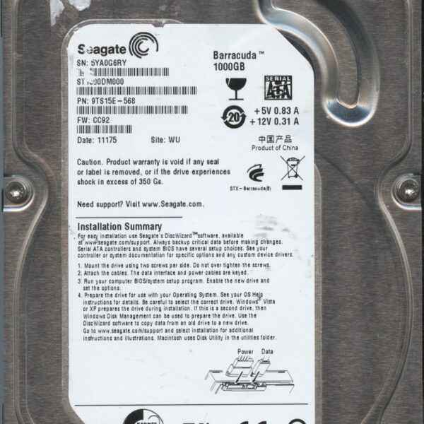 SEAGATE ST1000DM000 CC92 9TS15B-568 1TB