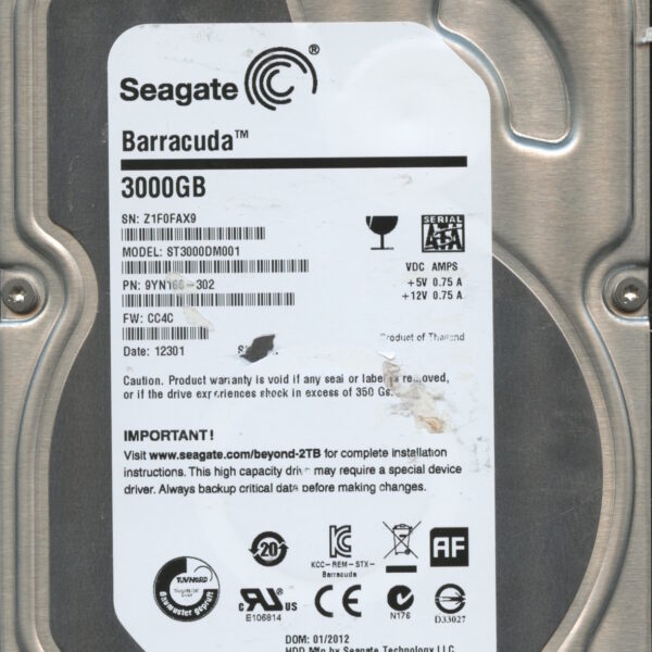 SEAGATE ST3000DM001 CC4C 9YN166-302 3TB