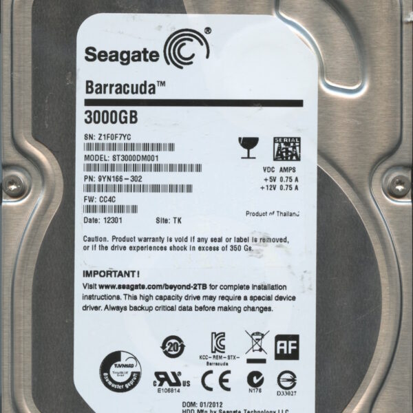 SEAGATE ST3000DM001 CC4C 9YN166-302 3TB