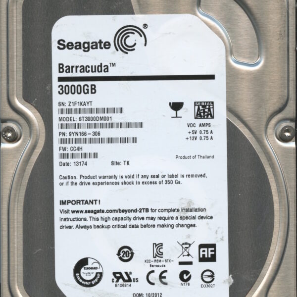 SEAGATE ST3000DM001 CC4H 9YN166-306 3TB