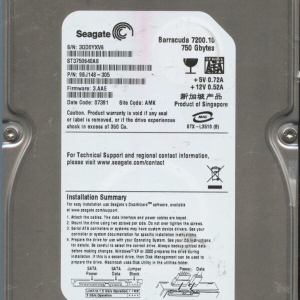 SEAGATE ST3750640AS 3.AAE 9BJ148-305 750GB