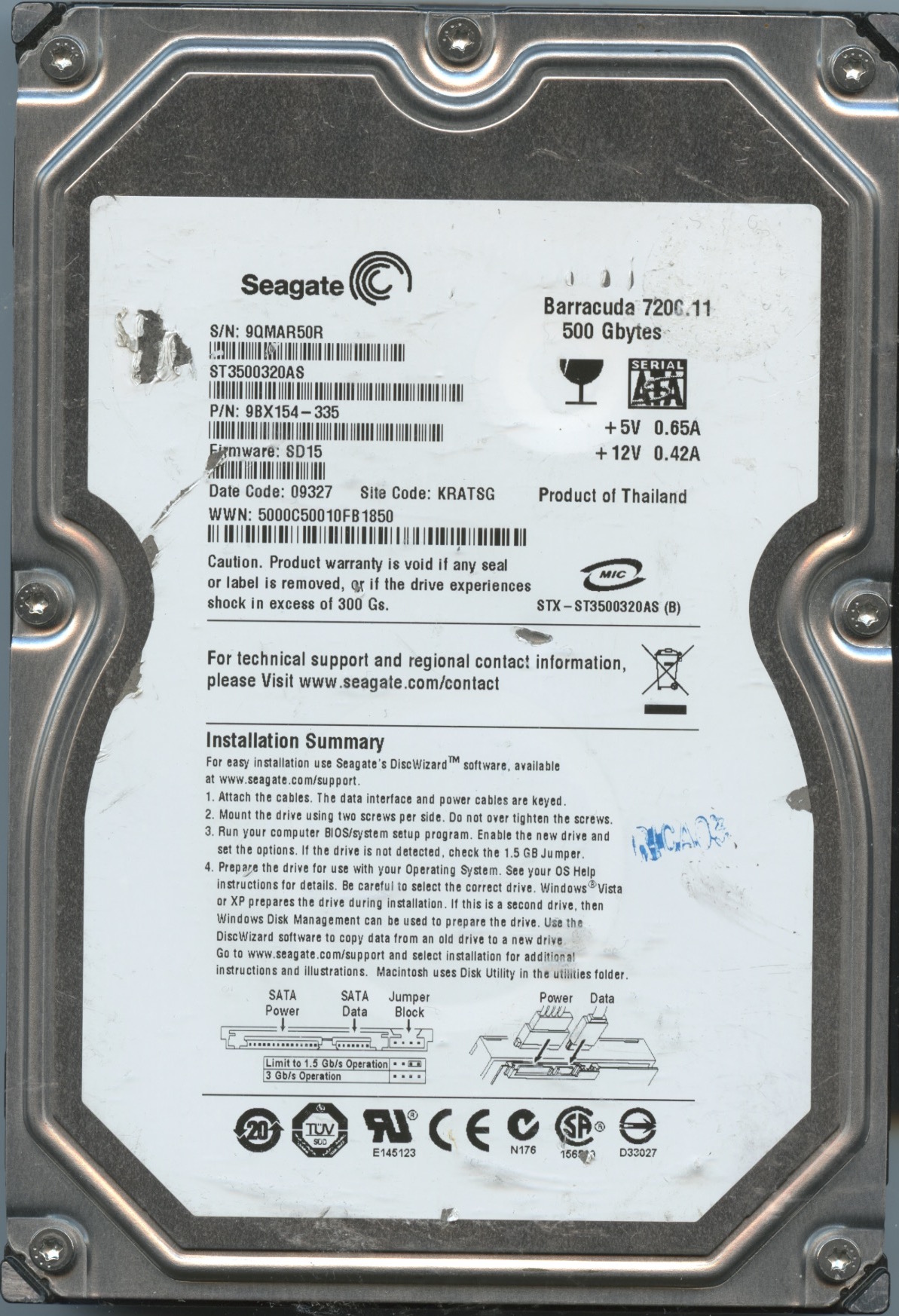 SEAGATE ST3500320AS SD15 9BX154-504 500GB