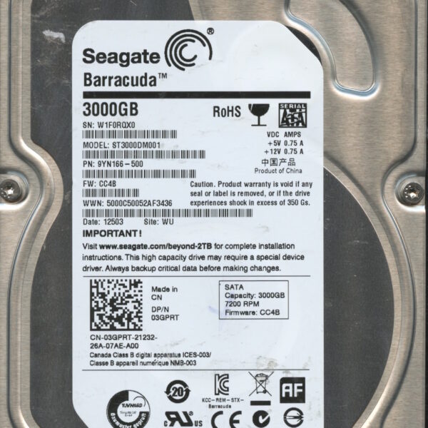 SEAGATE ST3000DM001 CC4B 9YN166-500 3TB