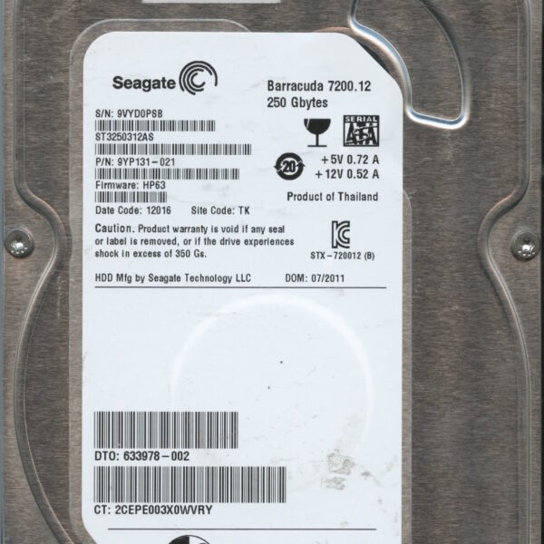 SEAGATE ST3250312AS HP63 9YP131-021 250GB