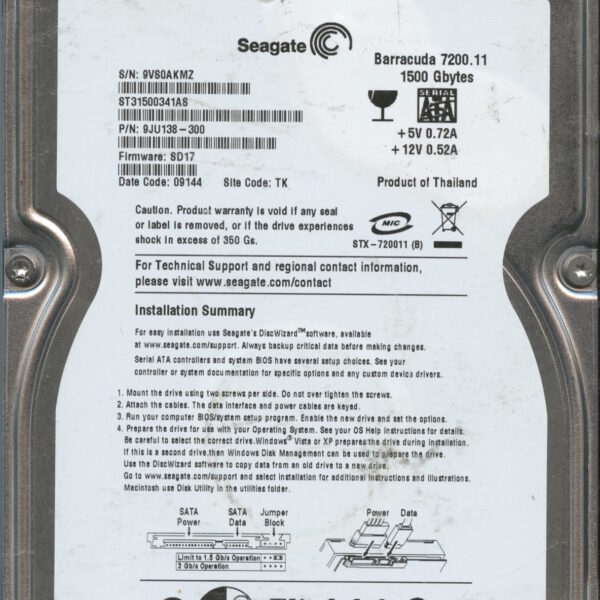 SEAGATE ST31500341AS SD17 9JU138-300 1.5TB