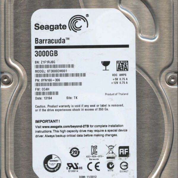 SEAGATE ST3000DM001 CC4H 9YN166-306 3TB