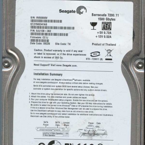 SEAGATE ST31500341AS CC1J 9JU138-302 3TB