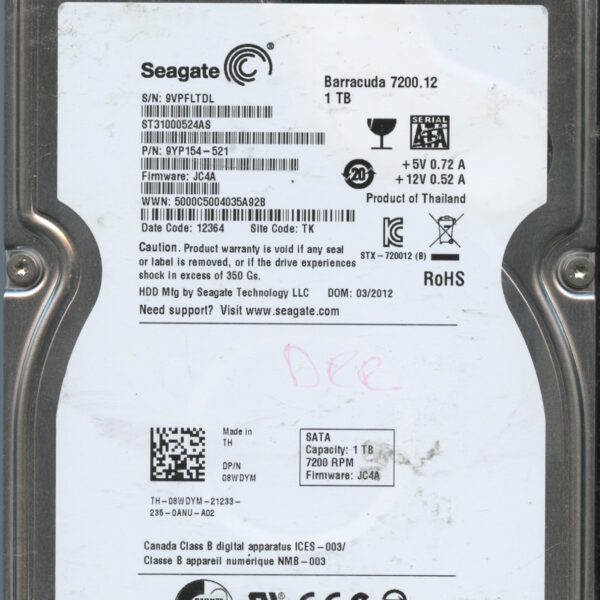 SEAGATE ST31000524AS JC4A 9YP154-521 1TB