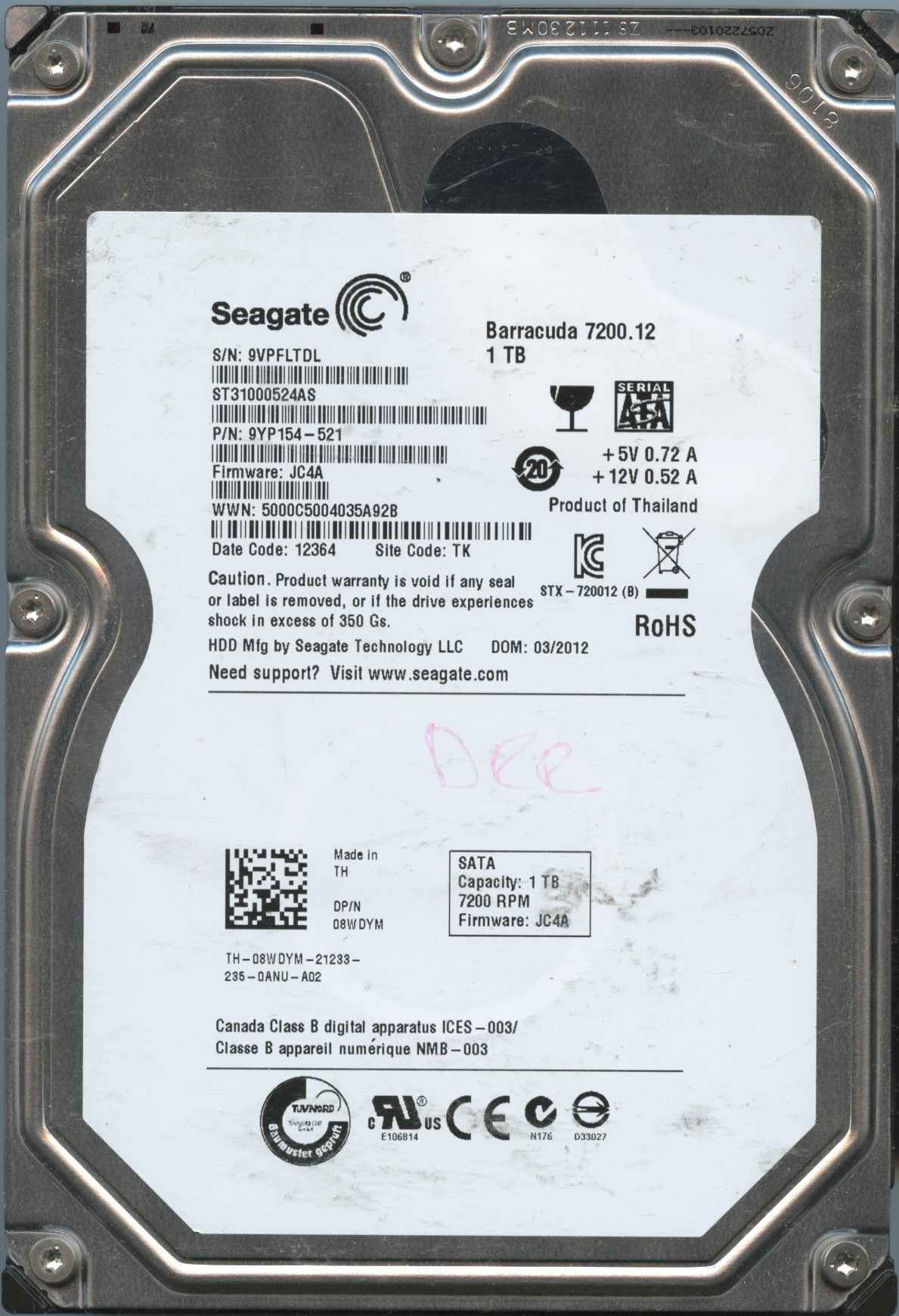 SEAGATE ST31000524AS JC4A 9YP154-521 1TB