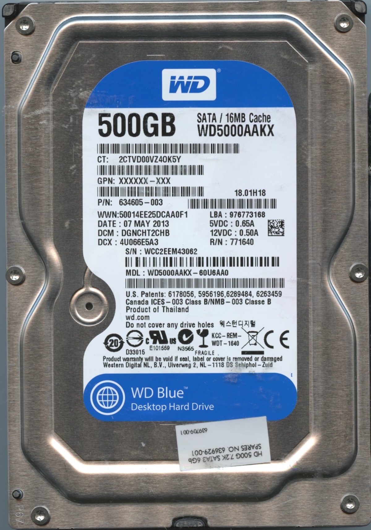 WD5000AAKX WCC2E 05:13 WESTERN DIGITAL 500GB