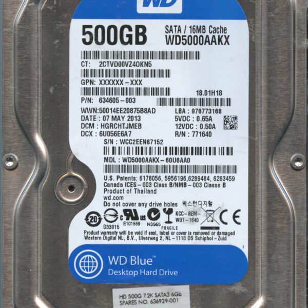 WD5000AAKX WCC2E 06:13 WESTERN DIGITAL 500GB