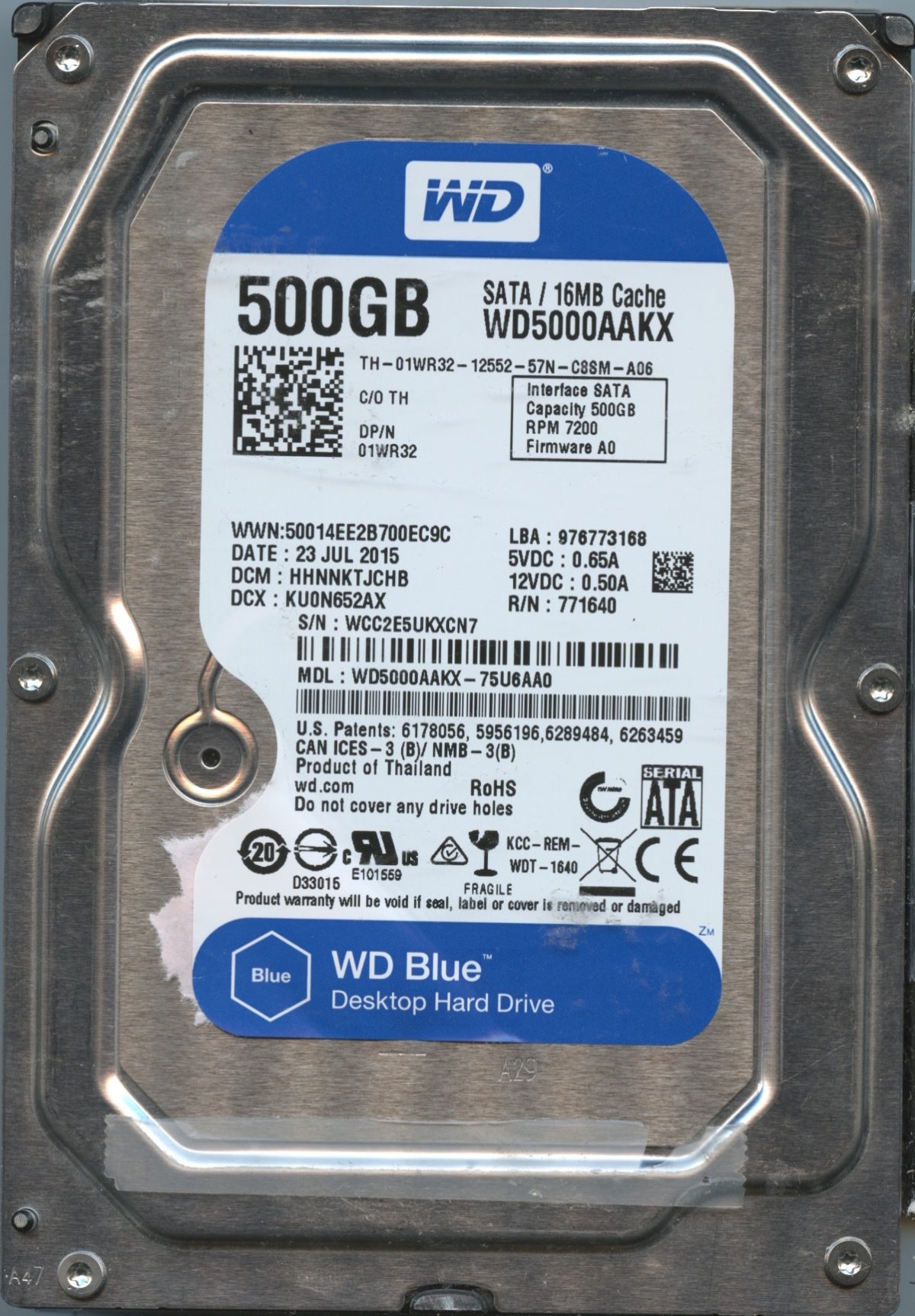 WD5000AAKX WCC2E 07:15 WESTERN DIGITAL 500GB