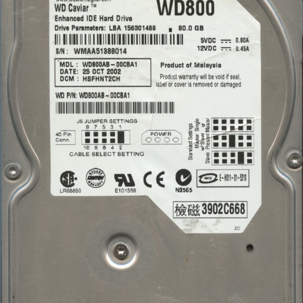 WD800 WMAA5 10:02 WESTERN DIGITAL 80GB