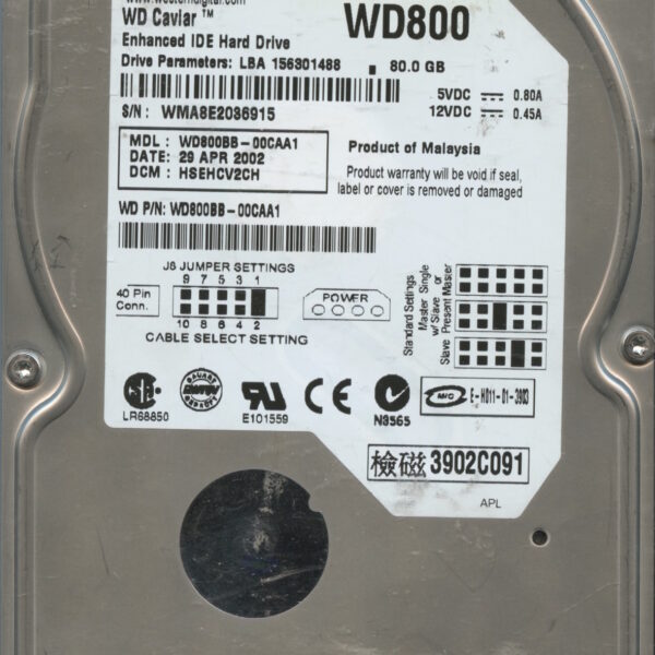 WD800 WMA8E 04:02 WESTERN DIGITAL 80GB