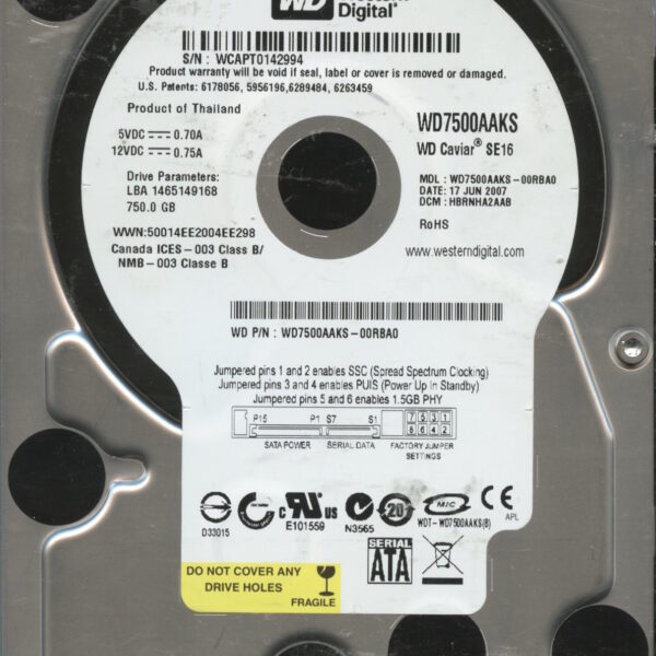 WD7500AAKS WCAPT 06:07 WESTERN DIGITAL 750GB