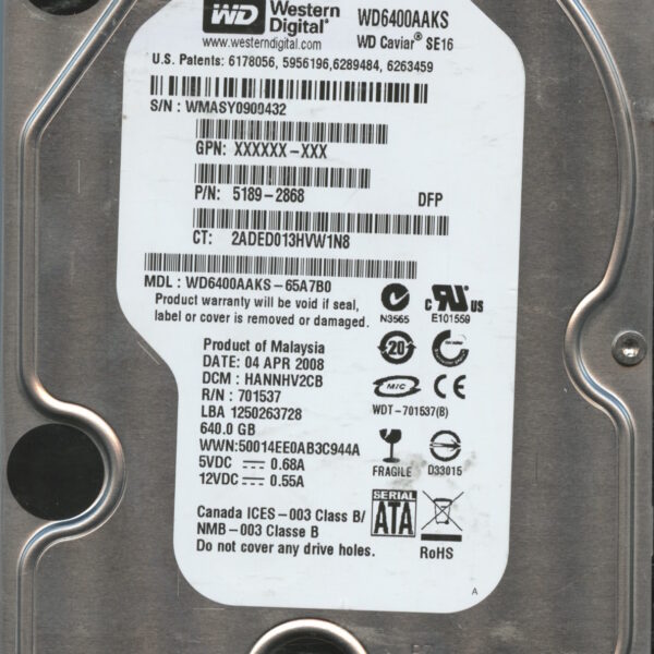 WD6400AAKS WMASY 04:08 WESTERN DIGITAL 640GB