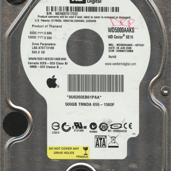 WD5000AAKS WCAS8 06:08 WESTERN DIGITAL 500GB