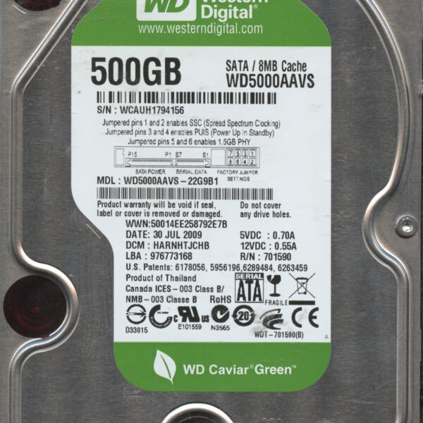 WD5000AAVS WCAUH 07:09 WESTERN DIGITAL 500GB