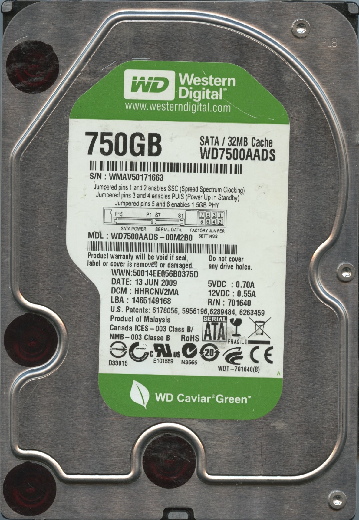 WD7500AADS WMAV5 06:09 WESTERN DIGITAL 750GB