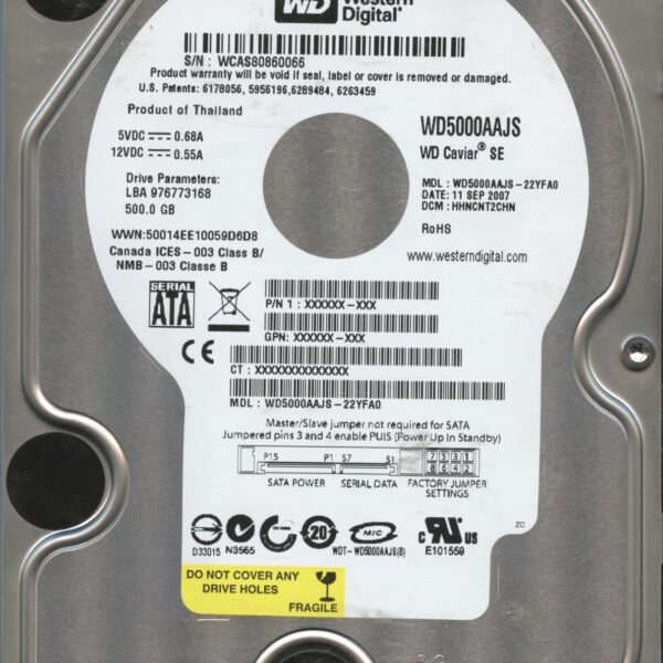 WD5000AAJS WCAS8 09:07 WESTERN DIGITAL 500GB