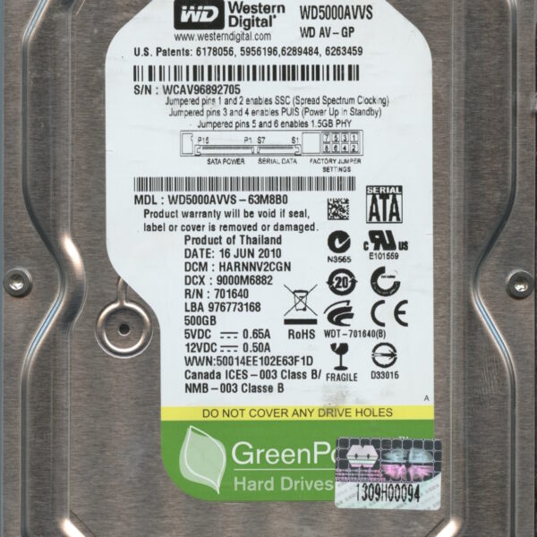 WD5000AVVS WCAV9 06:10 WESTERN DIGITAL 500GB