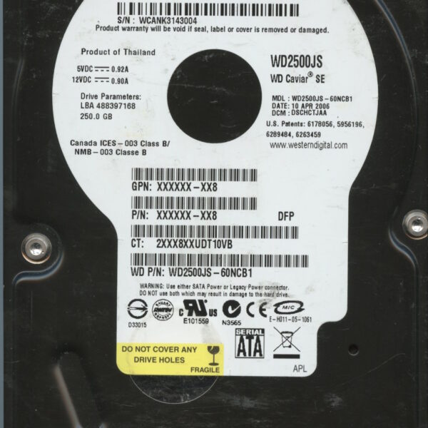 WD2500JS WMCANK 04:06 WESTERN DIGITAL 250GB