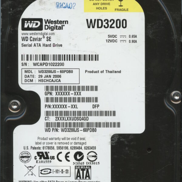 WD3200 WCAPD 01:06 WESTERN DIGITAL 320GB