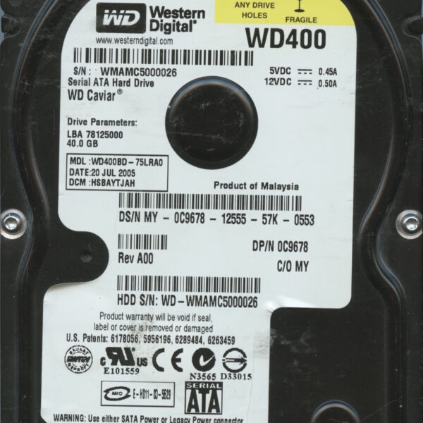 WD400 WMAMC 07:05 WESTERN DIGITAL 40GB