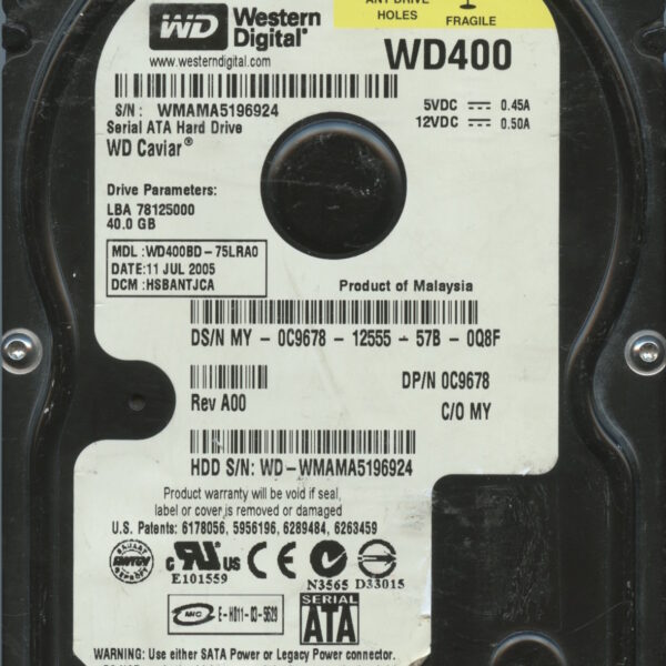 WD400 WMAMA 07:05 WESTERN DIGITAL 40GB