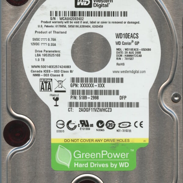 WD10EACS WCAU4 08:08 WESTERN DIGITAL 1TB