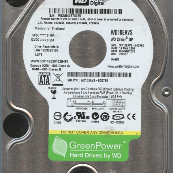 WD10EAVS WCAU4 05:08 WESTERN DIGITAL 1TB