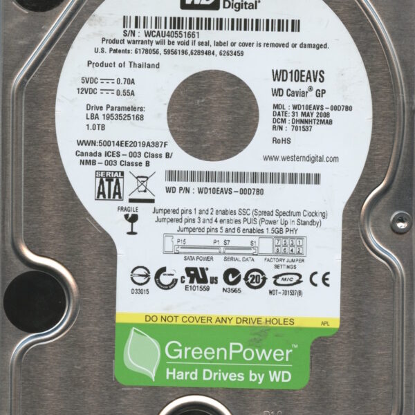 WD10EAVS WCAU4 05:08 WESTERN DIGITAL 1TB