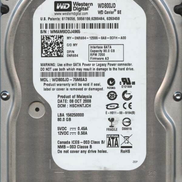 WD800JD WMAM9 10:08 WESTERN DIGITAL 80GB