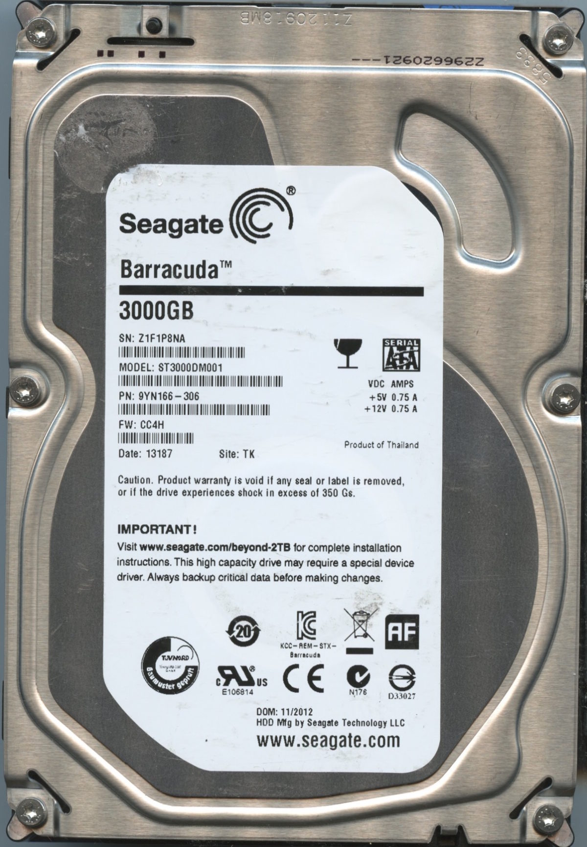 SEAGATE ST3000DM001 CC4H 9YN166-306 3TB