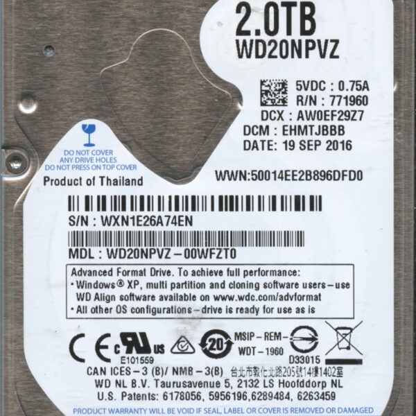 WD20NPVZ WXN1E 09:16 WESTERN DIGITAL 2TB